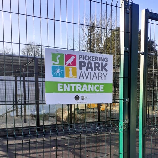 An image of the exterior signage for pickering park aviary in hull.